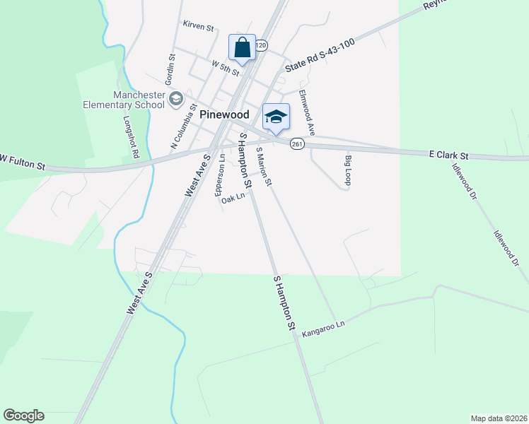 map of restaurants, bars, coffee shops, grocery stores, and more near 320 South Hampton Street in Pinewood
