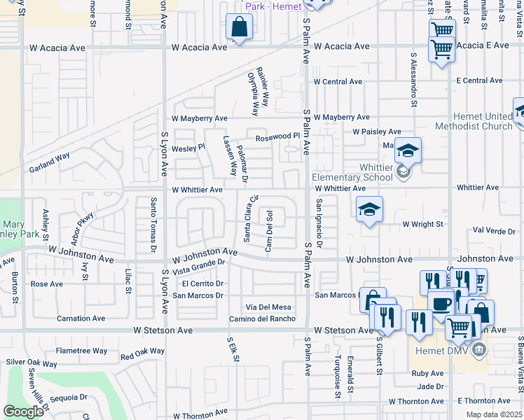 map of restaurants, bars, coffee shops, grocery stores, and more near 250 San Carlos Drive in Hemet