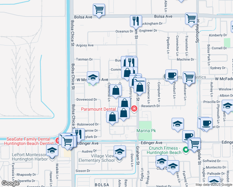 map of restaurants, bars, coffee shops, grocery stores, and more near 15632-15672 Container Ln in Huntington Beach