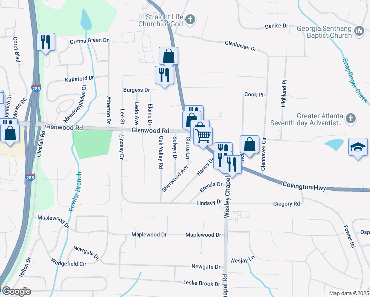 map of restaurants, bars, coffee shops, grocery stores, and more near 1883 Clarke Lane in Decatur