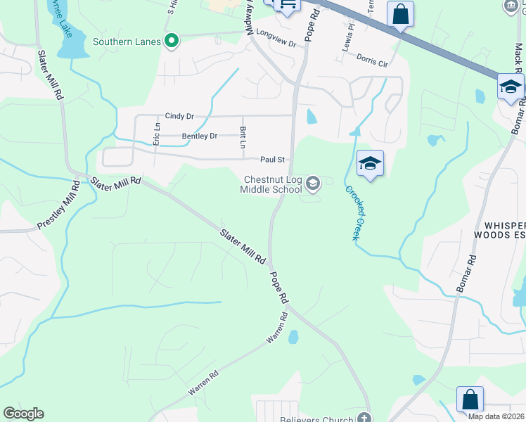 map of restaurants, bars, coffee shops, grocery stores, and more near 2515 Pope Road in Douglasville