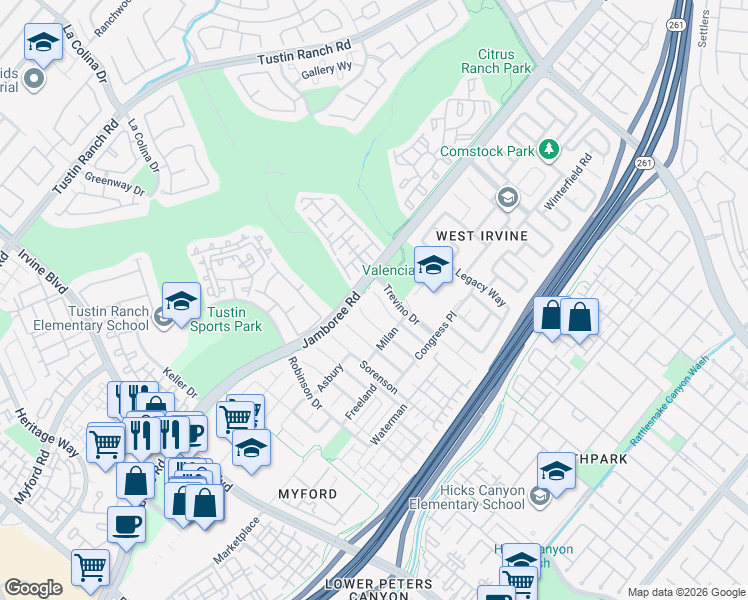 map of restaurants, bars, coffee shops, grocery stores, and more near 10 Calais in Irvine