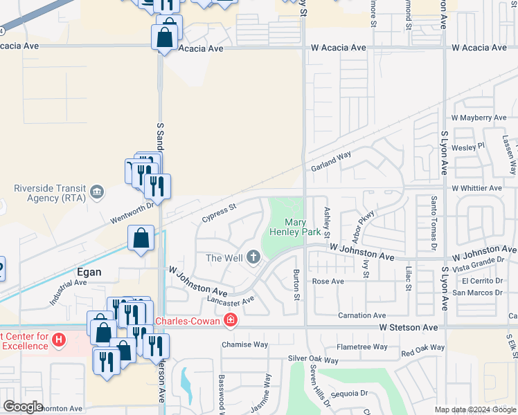 map of restaurants, bars, coffee shops, grocery stores, and more near 2732 Kingsbury Avenue in Hemet