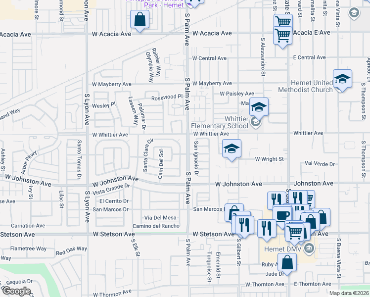 map of restaurants, bars, coffee shops, grocery stores, and more near 771 South Palm Avenue in Hemet