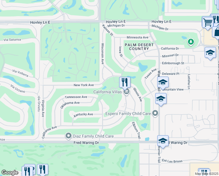 map of restaurants, bars, coffee shops, grocery stores, and more near 77405 Colorado Street in Palm Desert