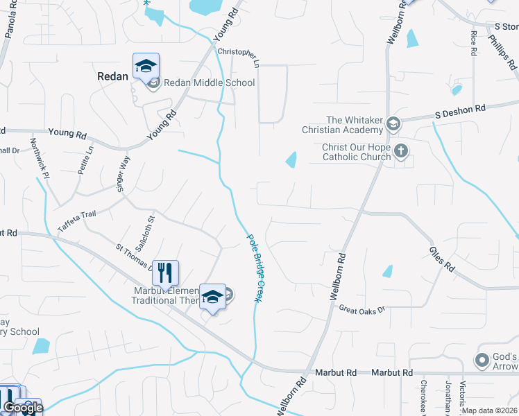 map of restaurants, bars, coffee shops, grocery stores, and more near 5779 Bobbin Lane in Lithonia