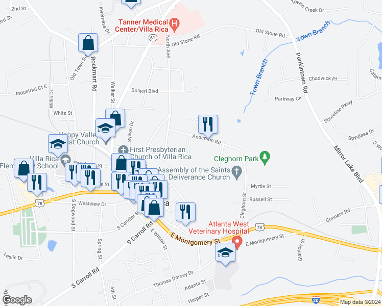 map of restaurants, bars, coffee shops, grocery stores, and more near 124 Pin Oak Trail in Villa Rica