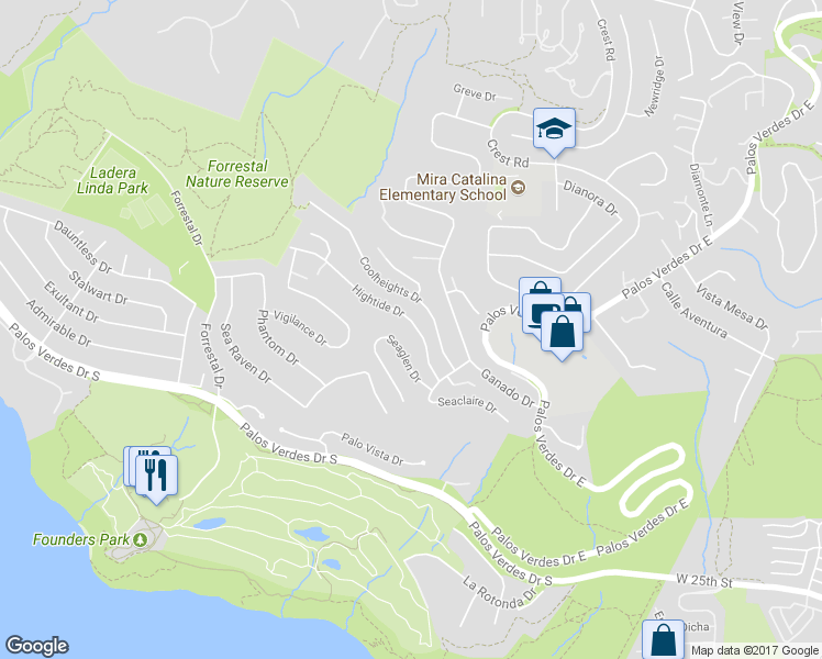map of restaurants, bars, coffee shops, grocery stores, and more near 3504 Hightide Drive in Rancho Palos Verdes