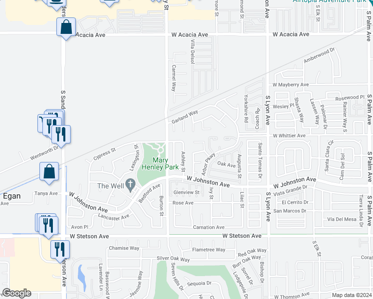 map of restaurants, bars, coffee shops, grocery stores, and more near 748 Ashley Street in Hemet