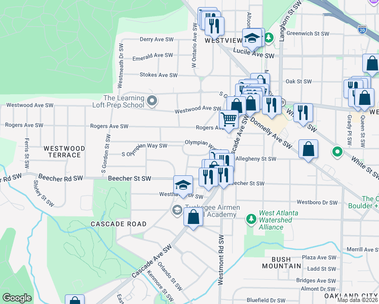map of restaurants, bars, coffee shops, grocery stores, and more near 1599 Olympian Circle Southwest in Atlanta