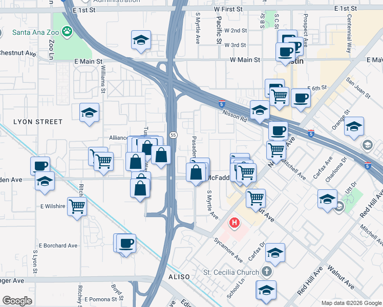 map of restaurants, bars, coffee shops, grocery stores, and more near 17092 Whitby Circle in Tustin