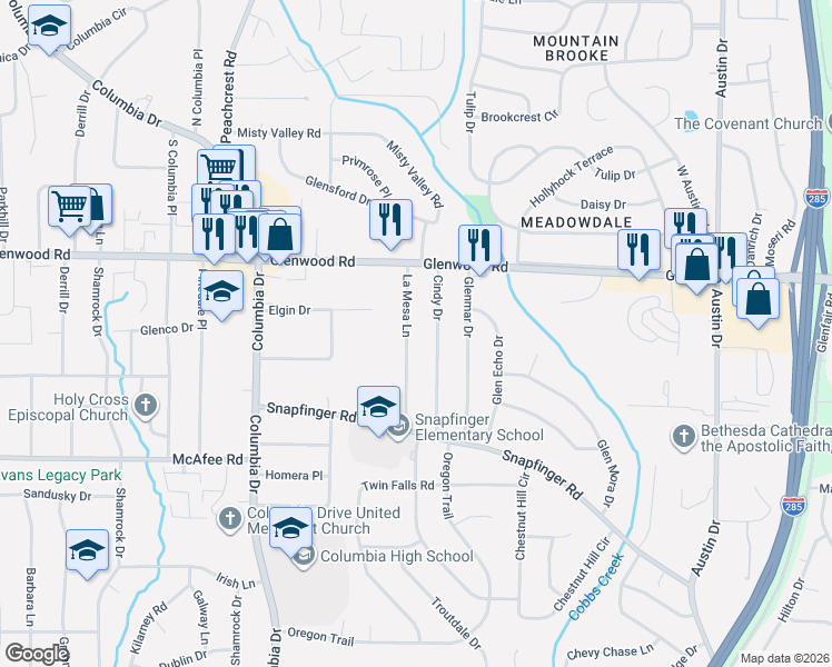 map of restaurants, bars, coffee shops, grocery stores, and more near 1908 La Mesa Lane in Decatur