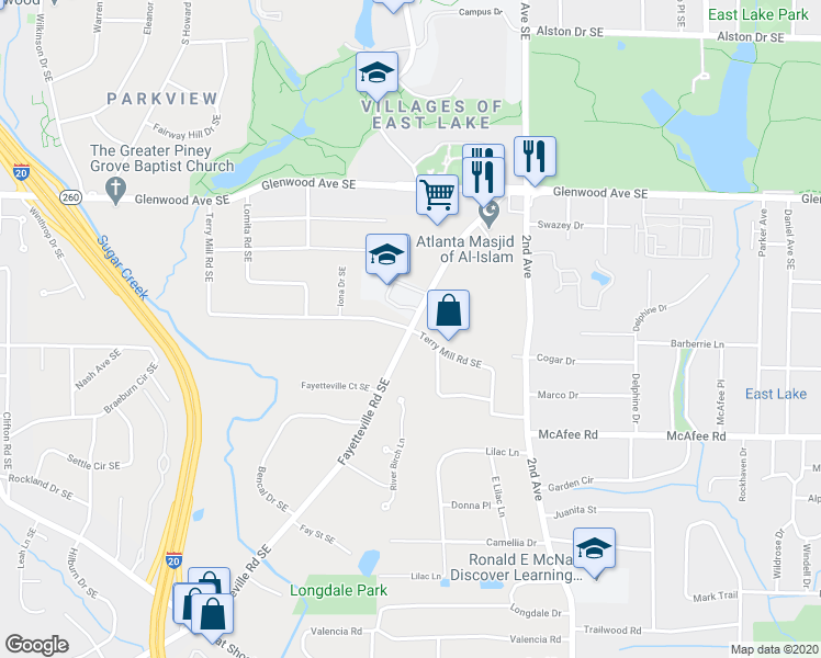 map of restaurants, bars, coffee shops, grocery stores, and more near Fayetteville Rd SE & Terry Mill Rd SE in DeKalb