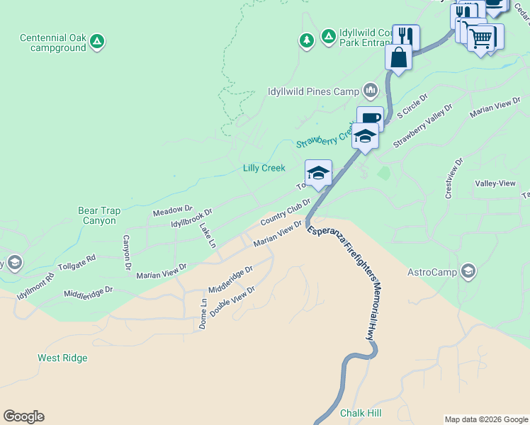 map of restaurants, bars, coffee shops, grocery stores, and more near 53589 Tollgate Road in Idyllwild-Pine Cove