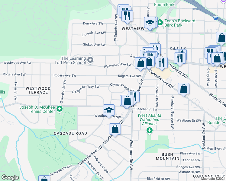 map of restaurants, bars, coffee shops, grocery stores, and more near 1599 Olympian Circle Southwest in Atlanta