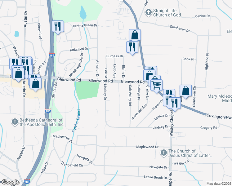map of restaurants, bars, coffee shops, grocery stores, and more near 1885 Janet Lane in Decatur