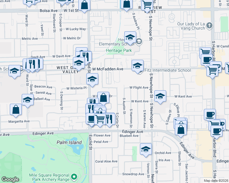 map of restaurants, bars, coffee shops, grocery stores, and more near 842 South Corta Drive in Santa Ana