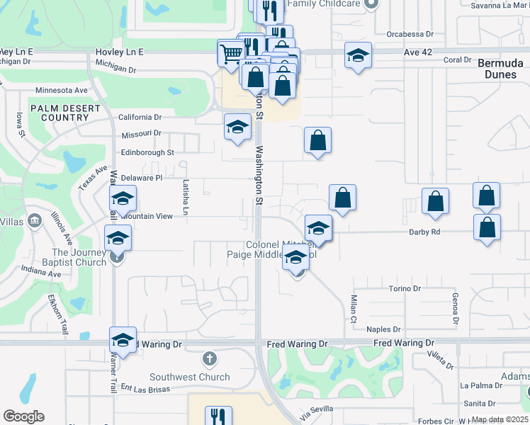 map of restaurants, bars, coffee shops, grocery stores, and more near 43100 Palm Royale Drive in La Quinta