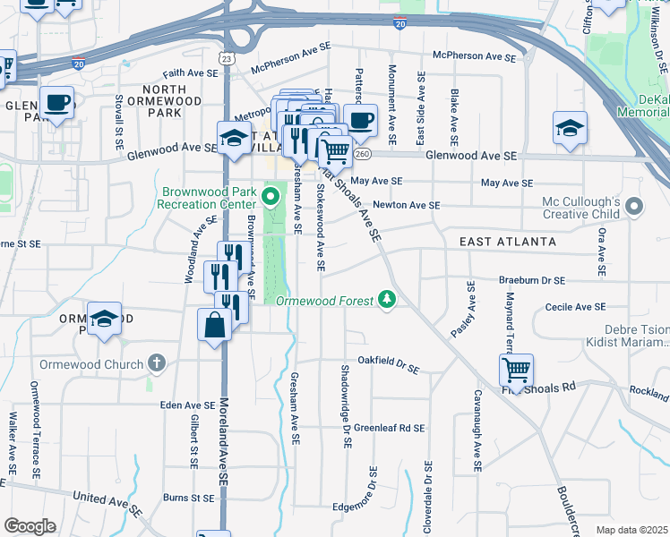 map of restaurants, bars, coffee shops, grocery stores, and more near 1334 Milton Place Southeast in Atlanta