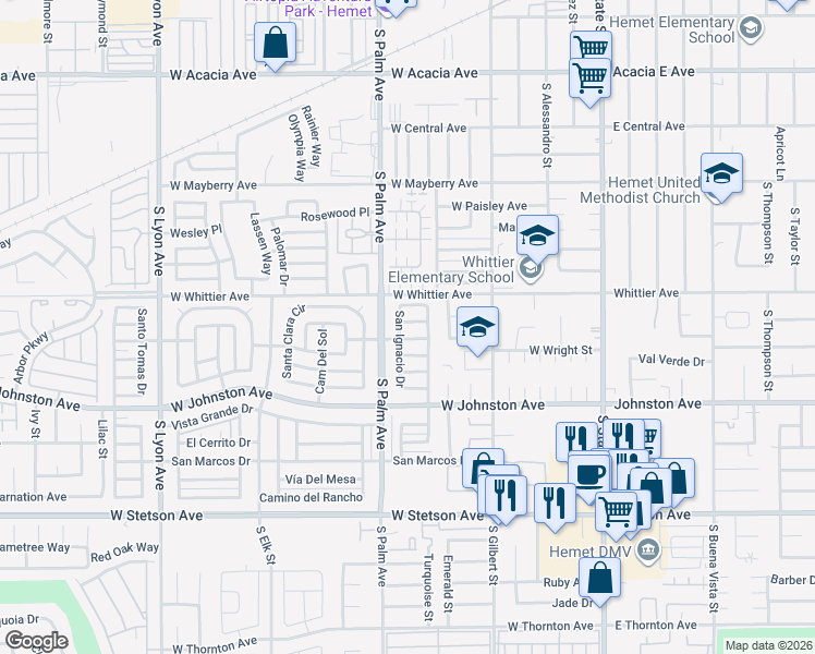 map of restaurants, bars, coffee shops, grocery stores, and more near 841 San Ynez Drive in Hemet