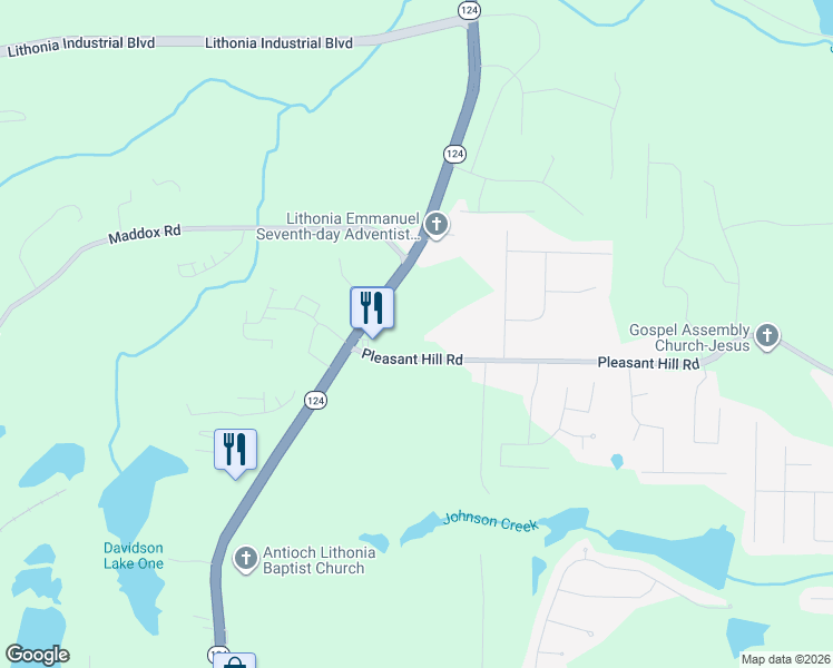 map of restaurants, bars, coffee shops, grocery stores, and more near 7394 Pleasant Hill Road in Lithonia