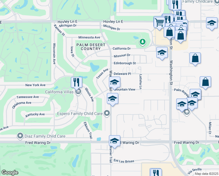 map of restaurants, bars, coffee shops, grocery stores, and more near 77470 Wyoming Avenue in Palm Desert