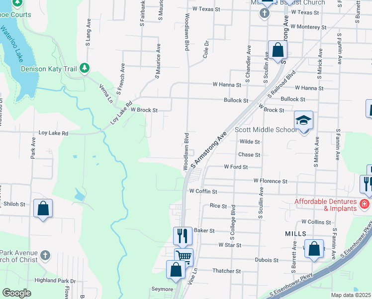 map of restaurants, bars, coffee shops, grocery stores, and more near 1298 Kawahee Lane in Denison