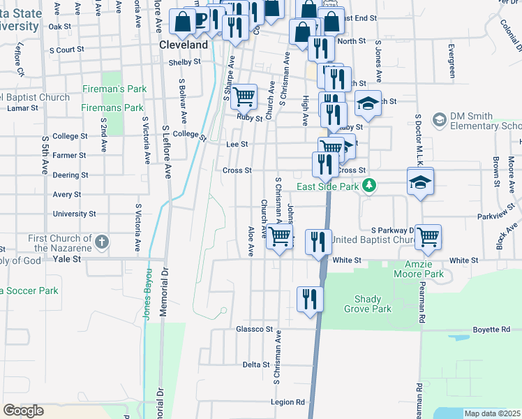 map of restaurants, bars, coffee shops, grocery stores, and more near 900 Church Avenue in Cleveland