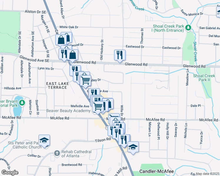 map of restaurants, bars, coffee shops, grocery stores, and more near 1902 Canterbury Street in Decatur