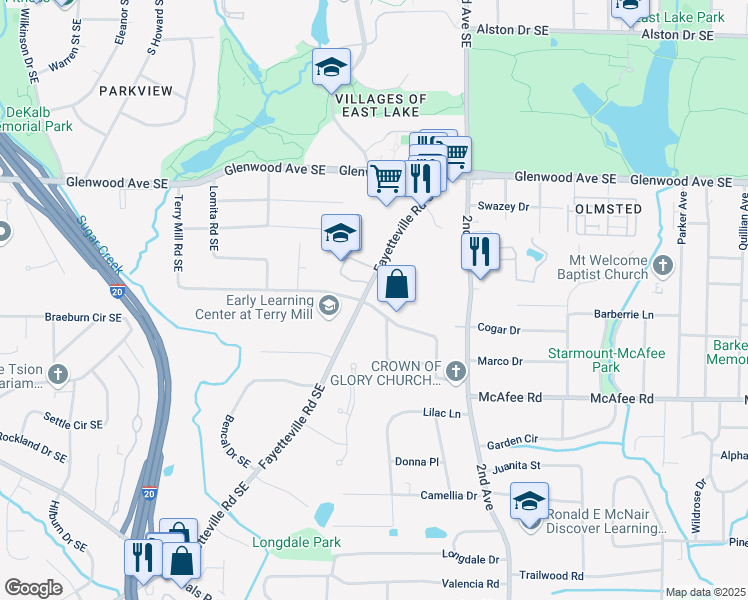 map of restaurants, bars, coffee shops, grocery stores, and more near 754 Fayetteville Road Southeast in Atlanta