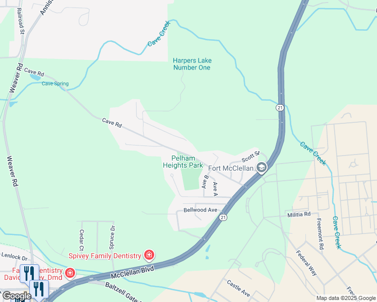 map of restaurants, bars, coffee shops, grocery stores, and more near 270 Cave Road in Anniston