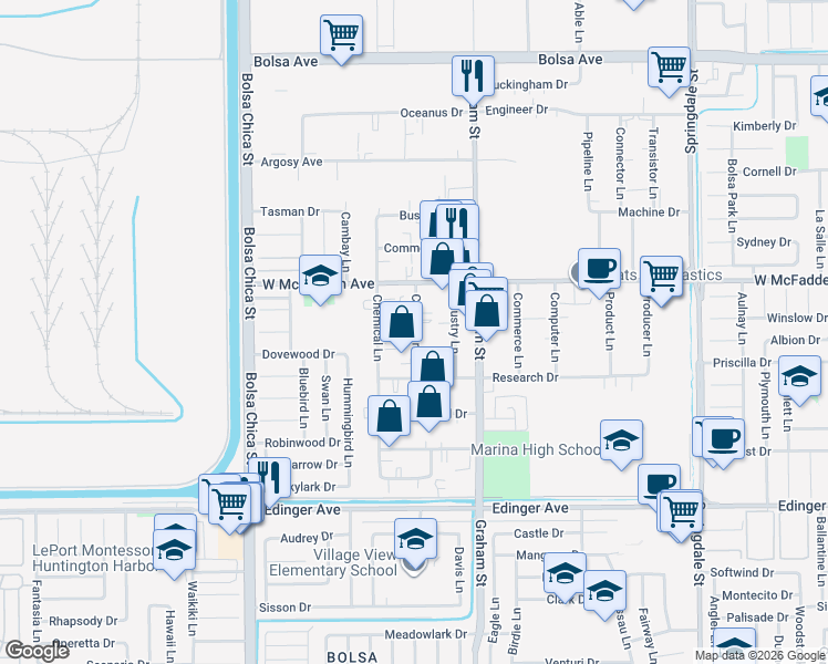map of restaurants, bars, coffee shops, grocery stores, and more near 15591 Container Lane in Huntington Beach