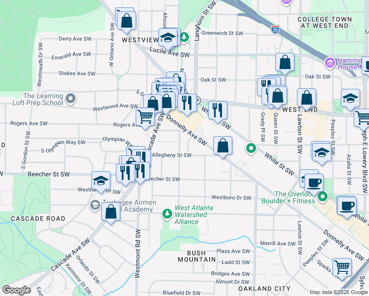 map of restaurants, bars, coffee shops, grocery stores, and more near 721 Bernice Street Southwest in Atlanta
