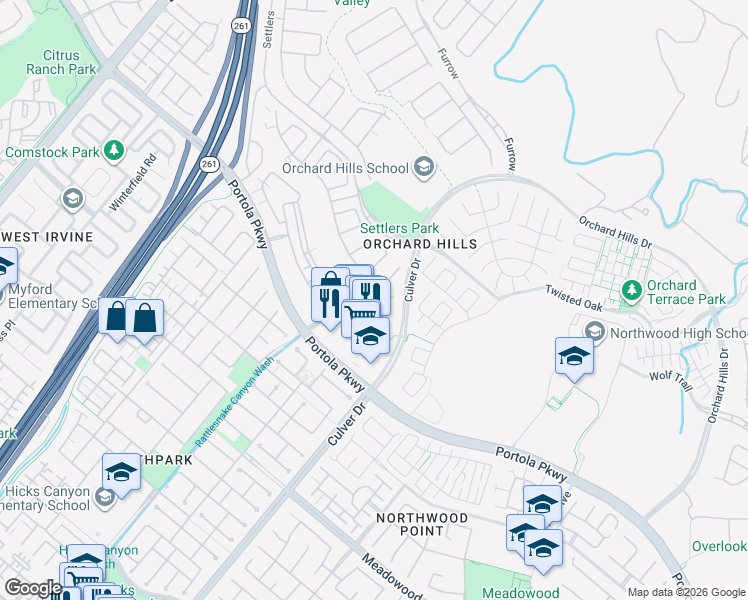 map of restaurants, bars, coffee shops, grocery stores, and more near 3901 Portola Parkway in Irvine
