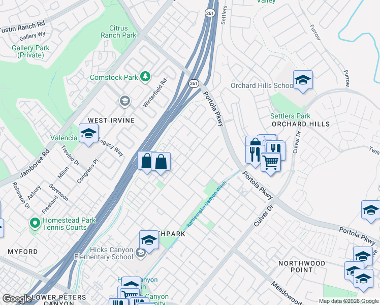 map of restaurants, bars, coffee shops, grocery stores, and more near 101 Spring Valley in Irvine