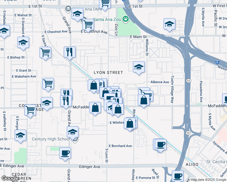 map of restaurants, bars, coffee shops, grocery stores, and more near 1706 Normandy Place in Santa Ana