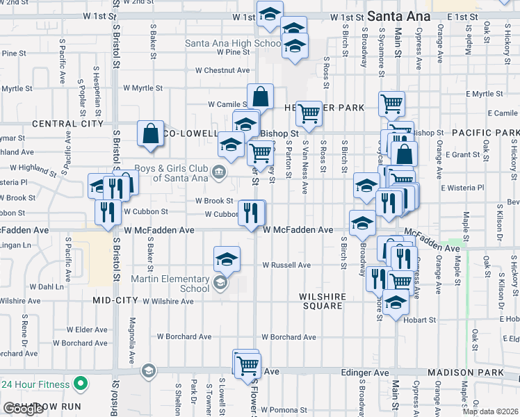 map of restaurants, bars, coffee shops, grocery stores, and more near 919 South Flower Street in Santa Ana