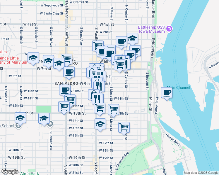map of restaurants, bars, coffee shops, grocery stores, and more near 399 West 10th Street in Los Angeles