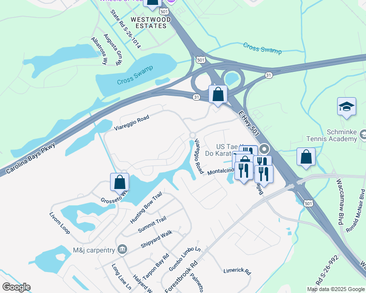 map of restaurants, bars, coffee shops, grocery stores, and more near 228 Viareggio Road in Myrtle Beach