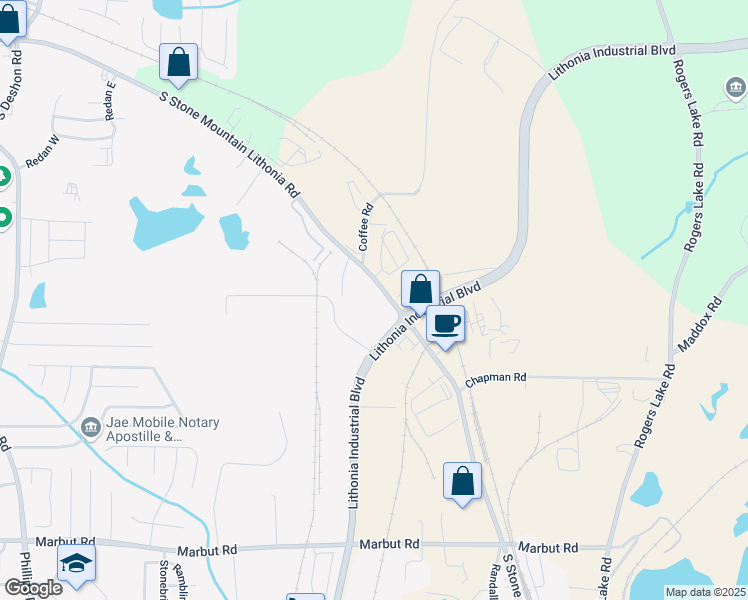 map of restaurants, bars, coffee shops, grocery stores, and more near 2395 South Stone Mountain Lithonia Road in Lithonia