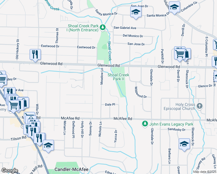 map of restaurants, bars, coffee shops, grocery stores, and more near 1875 Creekside Court in Decatur