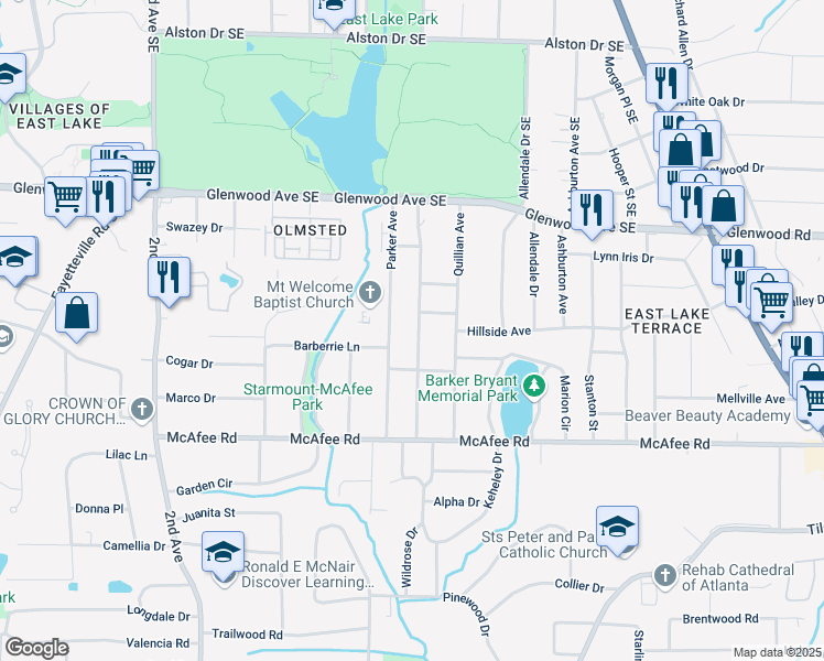 map of restaurants, bars, coffee shops, grocery stores, and more near 599 Daniel Avenue in Decatur