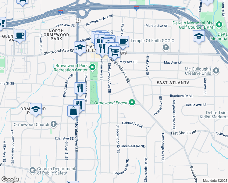 map of restaurants, bars, coffee shops, grocery stores, and more near 1334 Milton Place Southeast in Atlanta