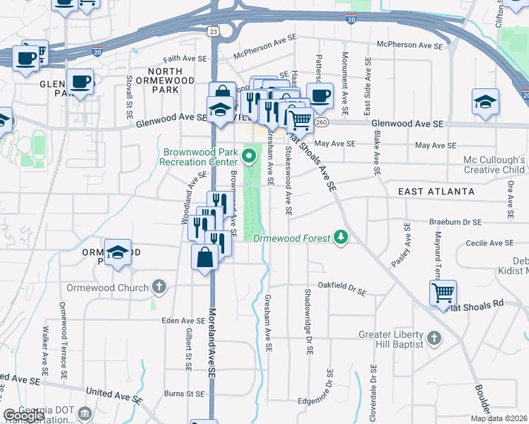 map of restaurants, bars, coffee shops, grocery stores, and more near 703 Gresham Avenue Southeast in Atlanta