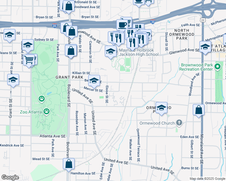 map of restaurants, bars, coffee shops, grocery stores, and more near 668 Liella Park SE in Atlanta