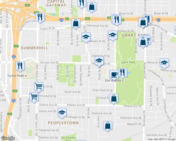 map of restaurants, bars, coffee shops, grocery stores, and more near 691 Hill Street Southeast in Atlanta