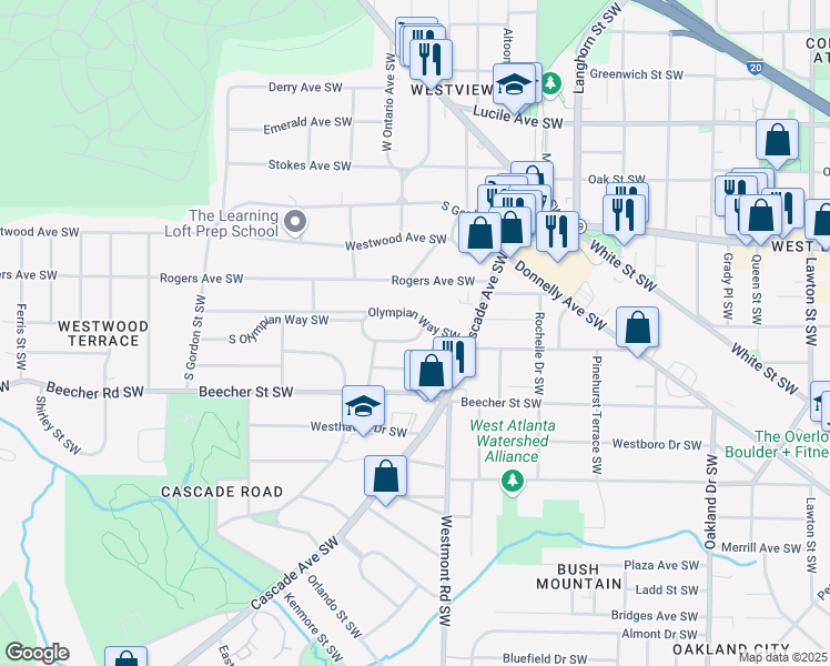 map of restaurants, bars, coffee shops, grocery stores, and more near 1524 South Olympian Way Southwest in Atlanta