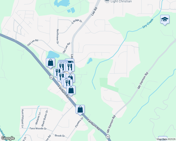 map of restaurants, bars, coffee shops, grocery stores, and more near 2506 Lee Road in Lithia Springs