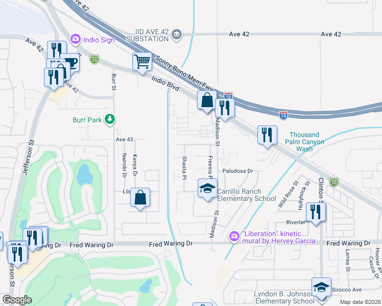 map of restaurants, bars, coffee shops, grocery stores, and more near 80804 Sunspring Court in Indio