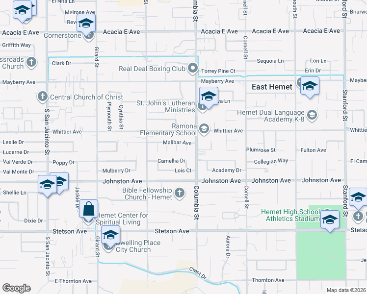 map of restaurants, bars, coffee shops, grocery stores, and more near 26583 June Way in Hemet